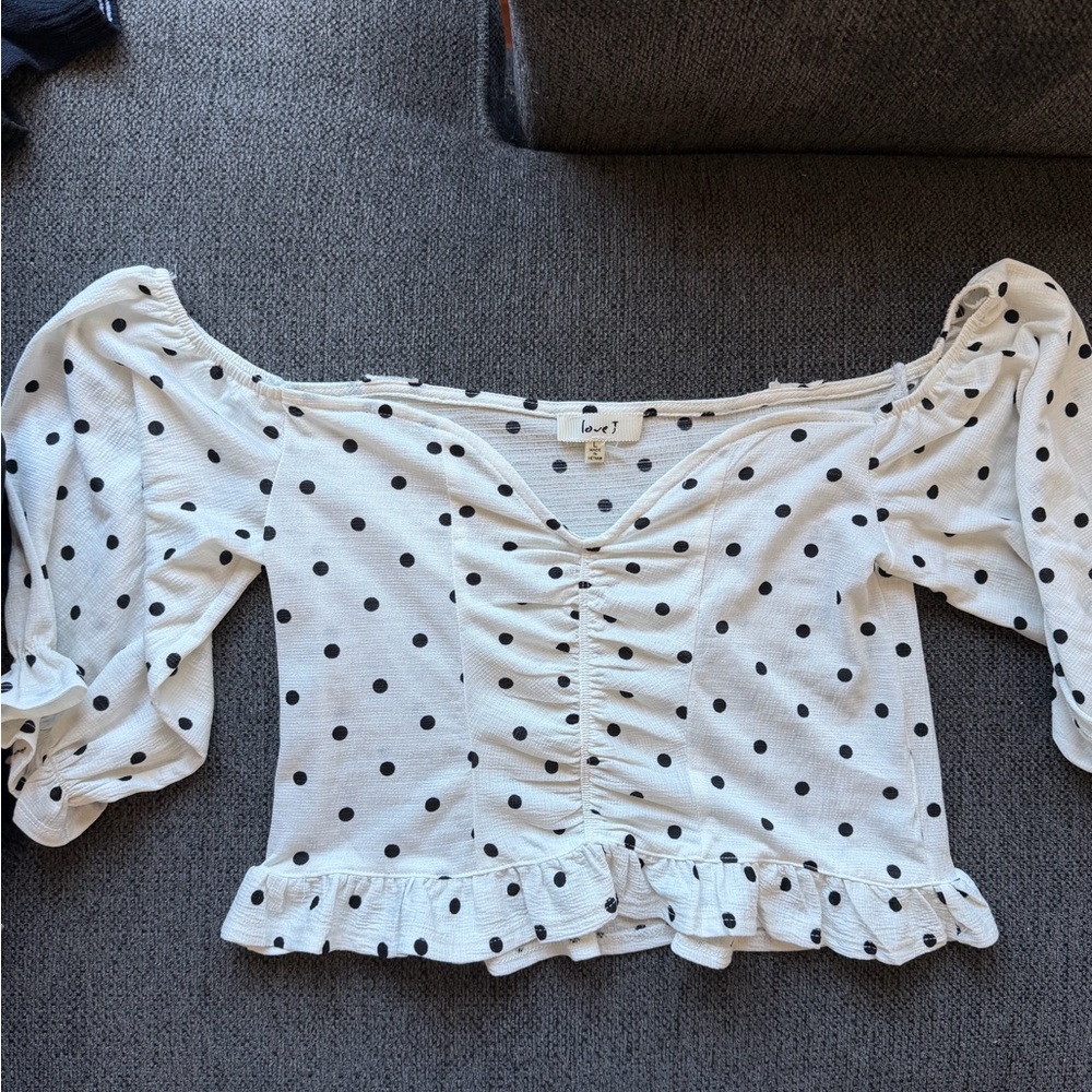 love J White Polka Dot Off-Shoulder Ruffle Crop Top